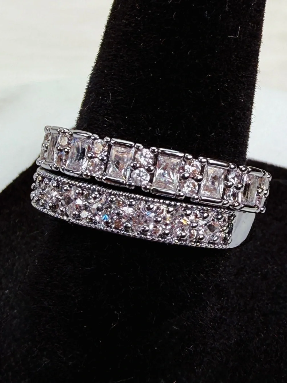 Silvertone Tone Pave Double Band Ring with Clear Stones sz 8